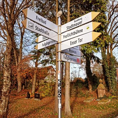 Wegweiser mit Beschriftungen zu verschiedenen Zielen in einem parkähnlichen Umfeld.