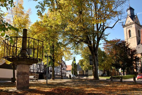Herbstliche Dorfansicht mit Bäumen, einem Brunnen und einer Kirche im Hintergrund.