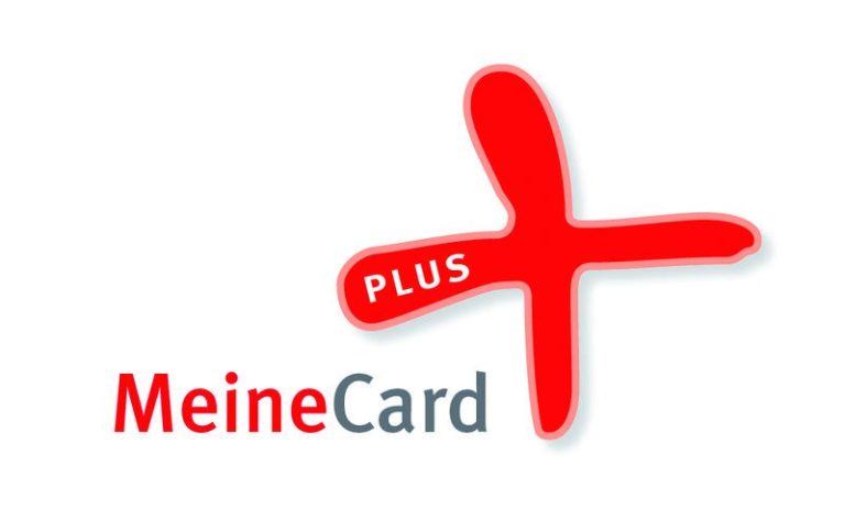 Logo der MeineCard Plus mit rotem Plus-Zeichen und Schriftzug.