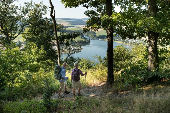 Zwei Wanderer in der Natur mit Blick auf einen See und umgebende Bäume.