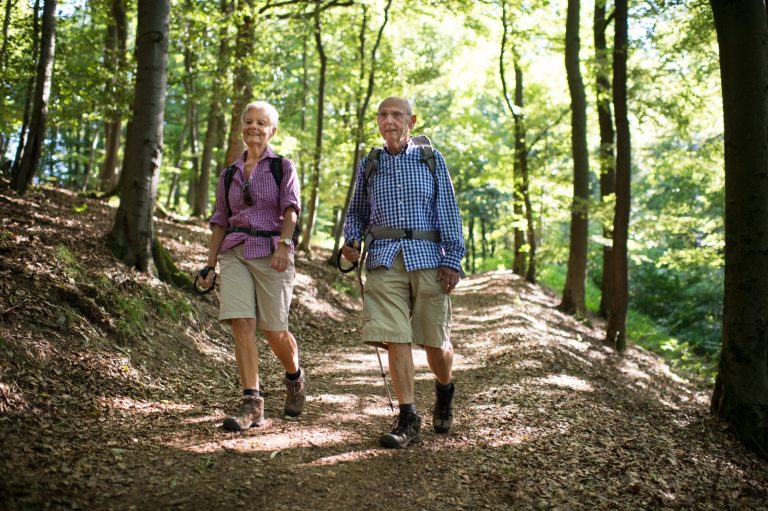 Ein älteres Paar wandert auf einem Waldweg, umgeben von grünen Bäumen.