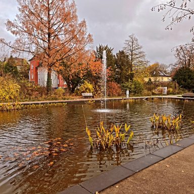 Park mit Teich, herbstlichen Bäumen und einem Wasserfontäne im Hintergrund.