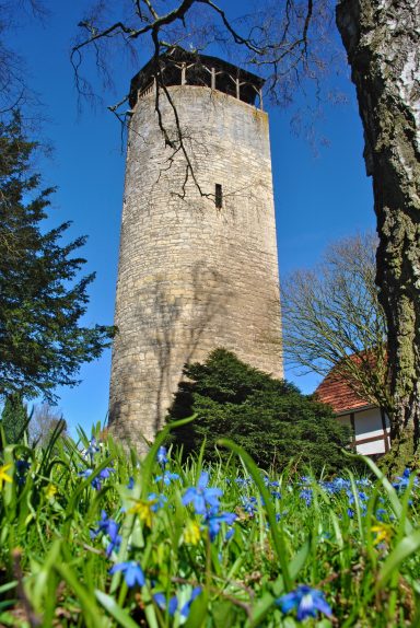 Historischer Steinturm mit blühenden Blumen vor blauem Himmel.
