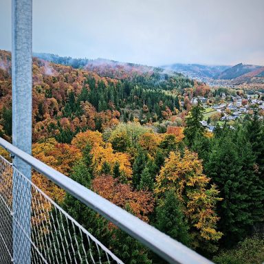 Herbstliche Landschaft mit bunten Bäumen und einem Blick auf ein Dorf in der Ferne.
